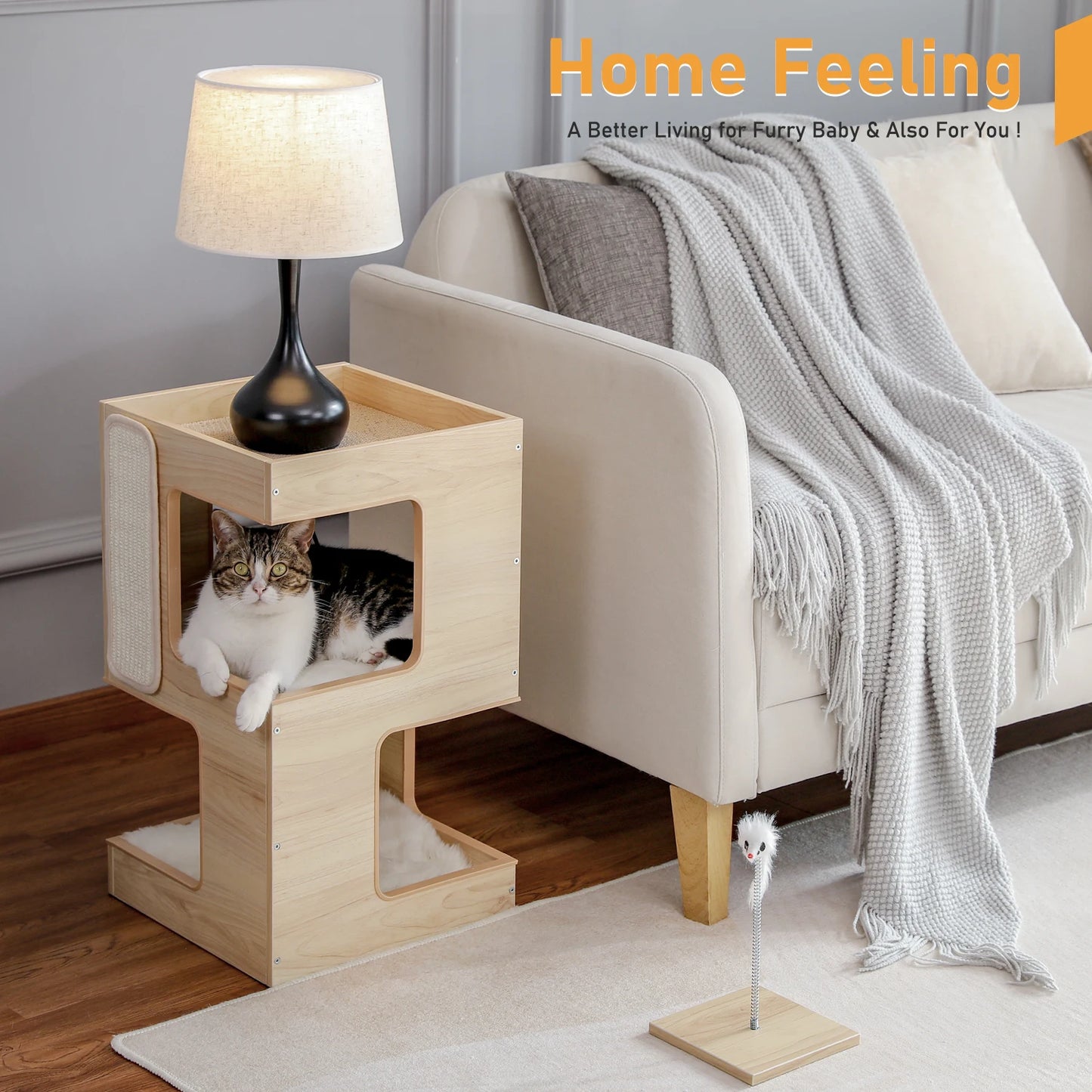 PAWZ Road Wood Cat Condo House Cat Tree With Removable Mats And Scratching Pad