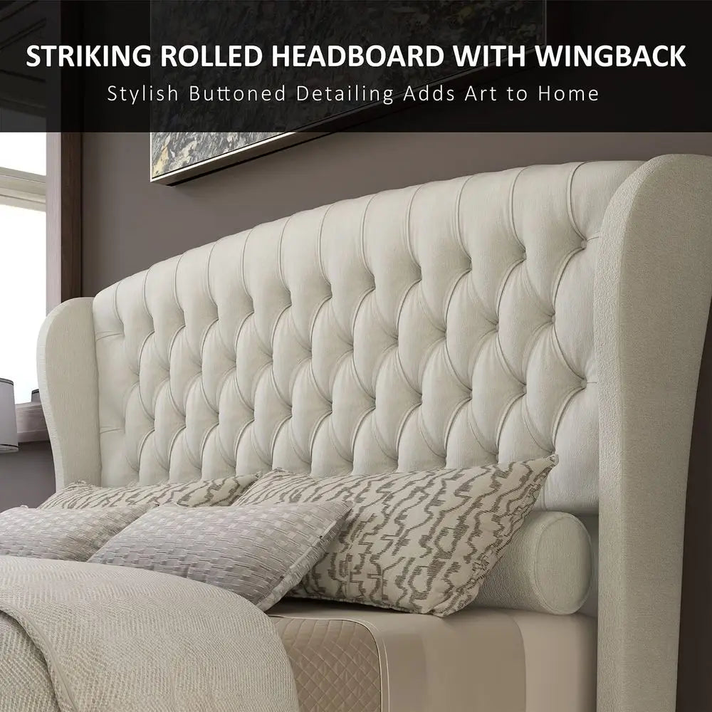 Chenille Upholstered Sleigh Bed With Scroll Wingback Headboard Footboard Tufted