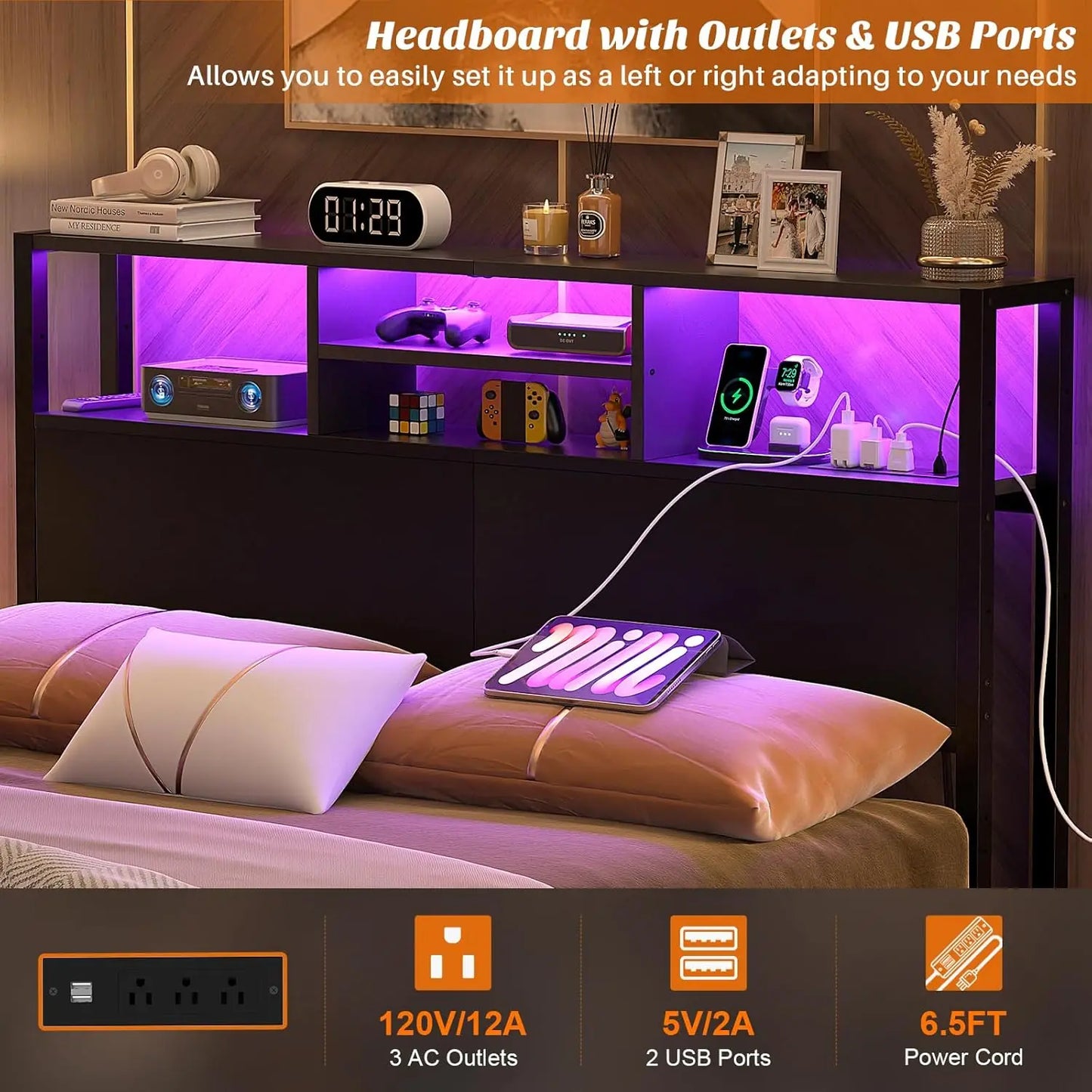Bed Headboard With Storage Outlets USB LED Light Adjustable Height