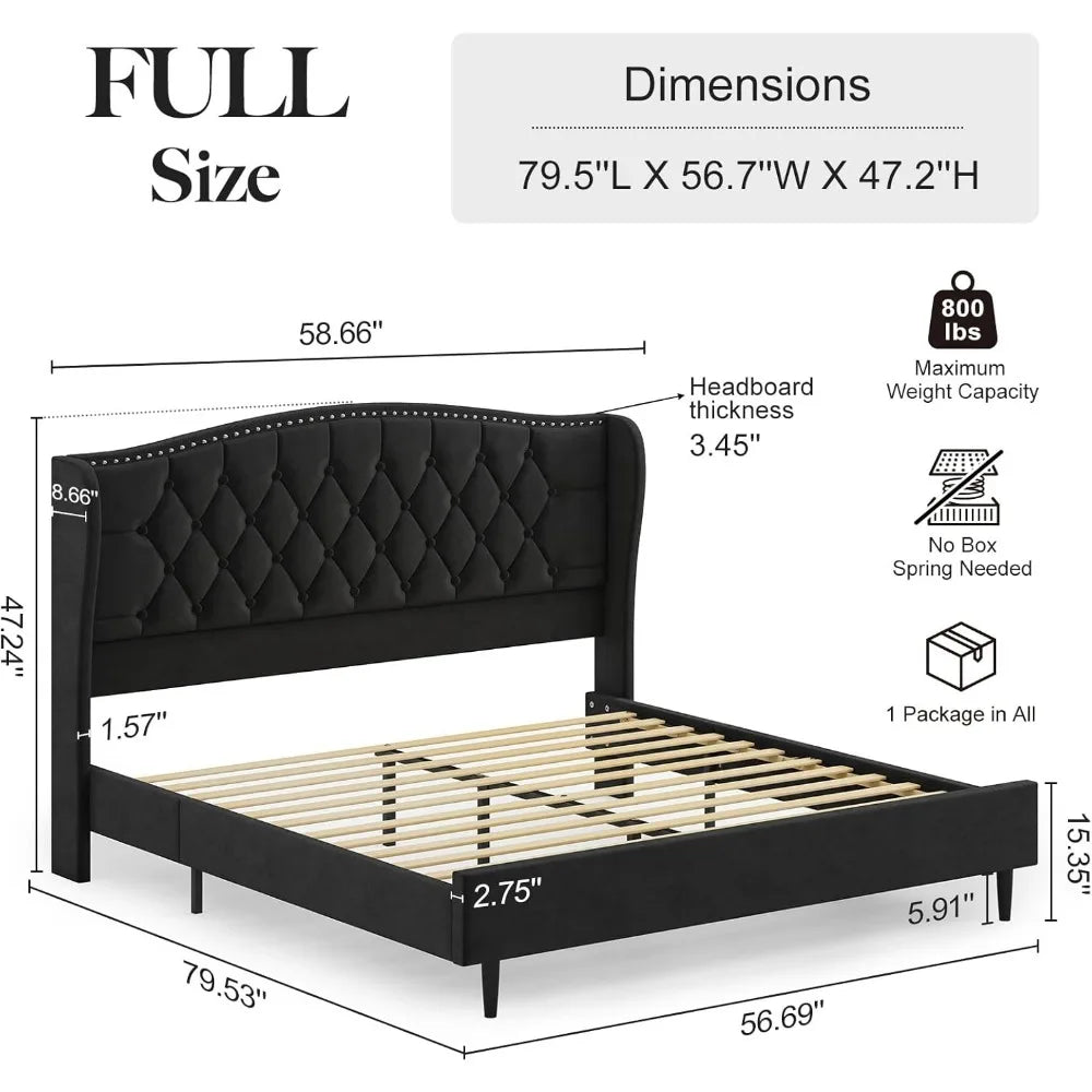 Bed Frame With Upholstered Velvet Headboard Wingback And Nailhead Trim