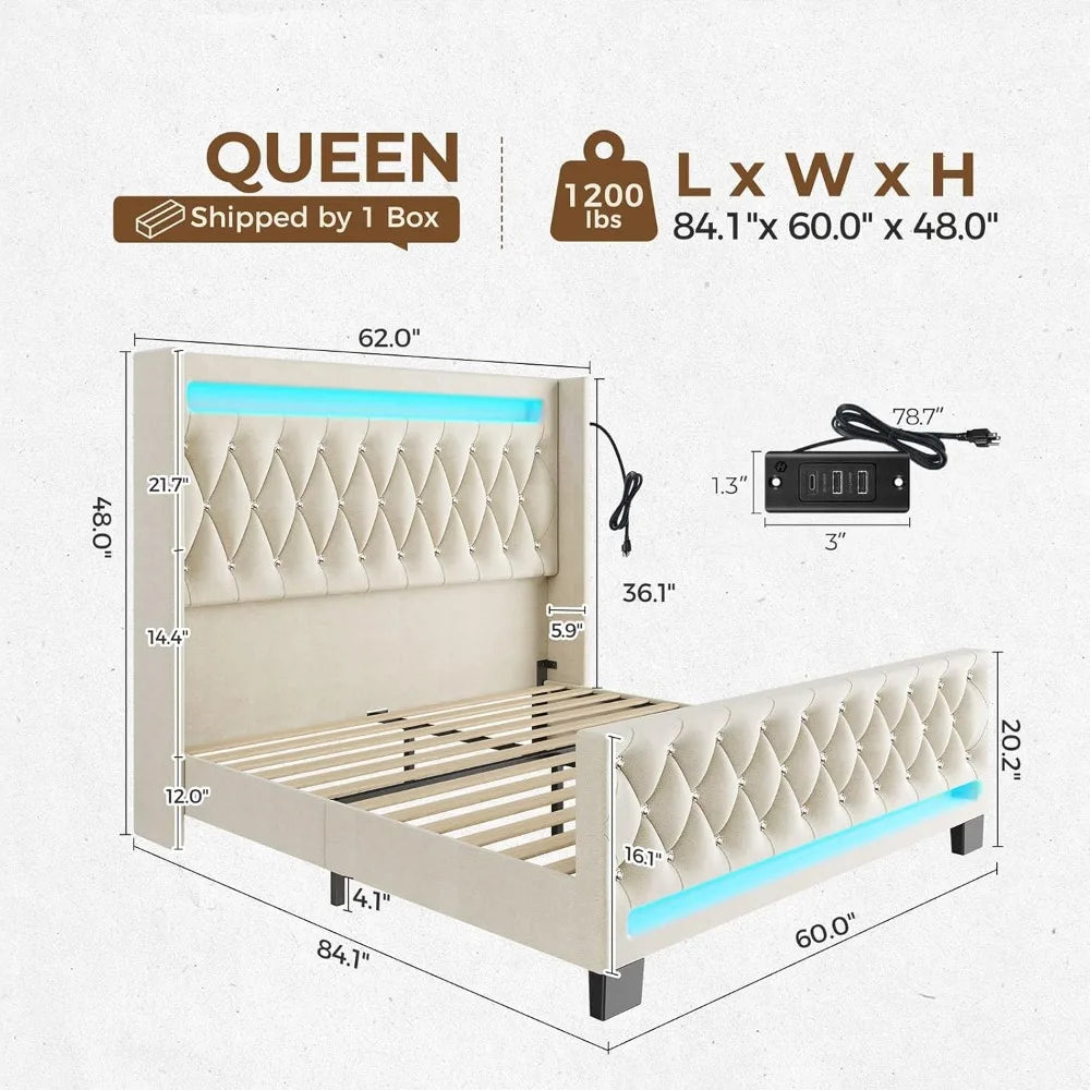 Luxury LED-Illuminated Queen Bed Frame with Upholstered Headboard and Footboard, Wood Slat Support, Silent Design