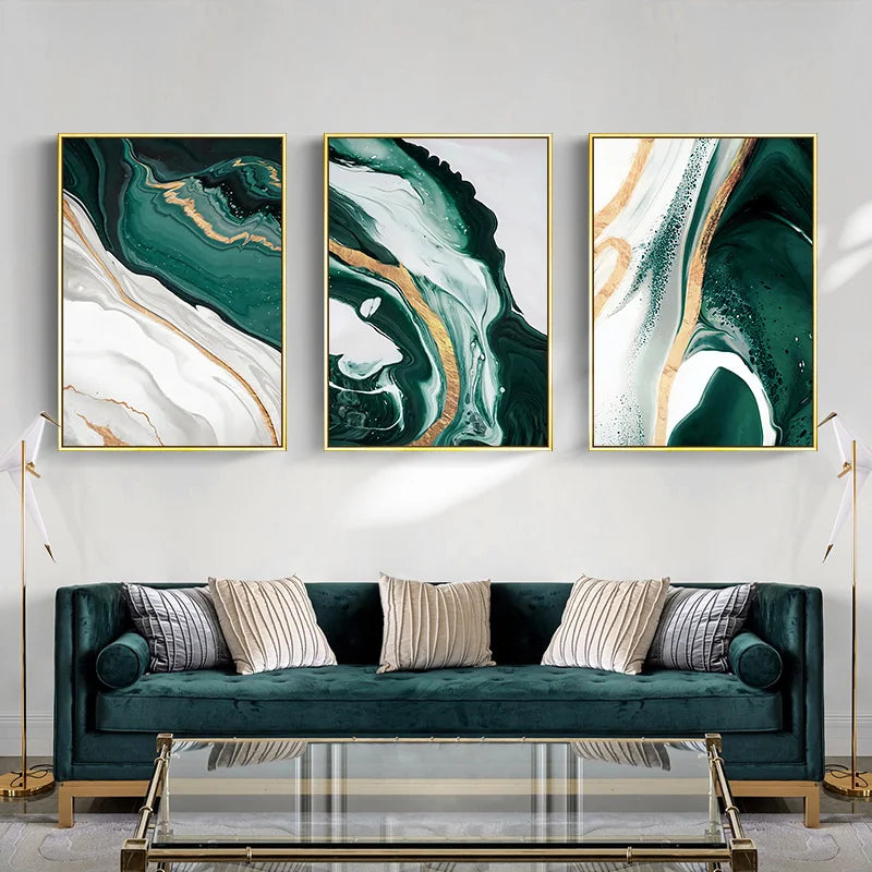 Modern Marble Abstract Green Lines Gold Foil Light Luxury Nordic Wall Art Canvas Painting Posters Picture Living Room Home Decor