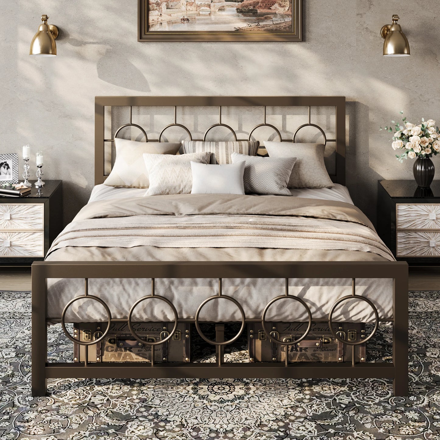 HOOMIC Metal Platform Bed Frame With Vintage Circular Design Headboard