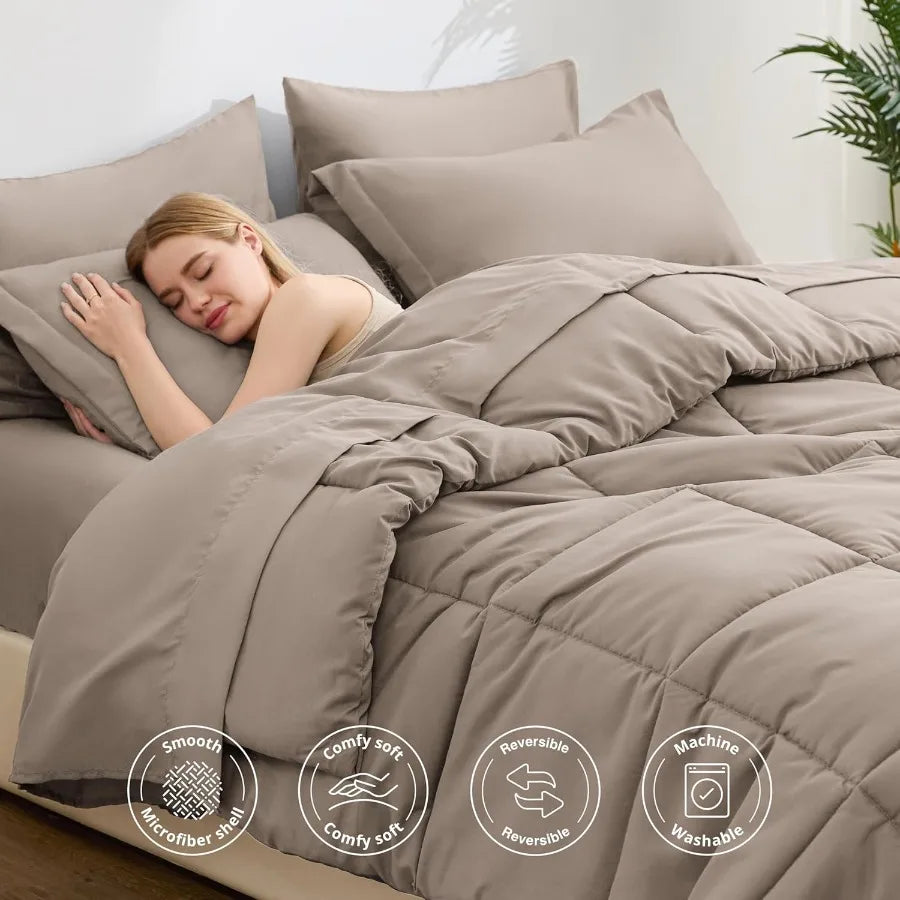 King Size Comforter Set Light Brown 7 Pieces King Bed in a Bag All Season Bedding Sets with 1 Comforter 1 Flat Sheet 1 Fitted S