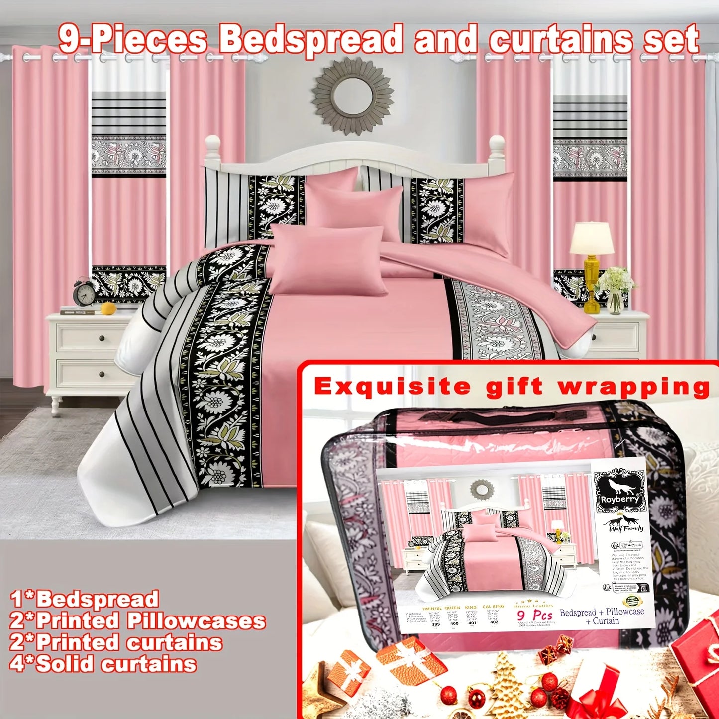 9 Piece Bedspread And Curtain Set With Patterned Bedspread And Pillowcases