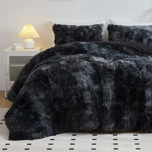 Faux Fur Plush Comforter Set Fluffy Shaggy Bedding 3 Piece