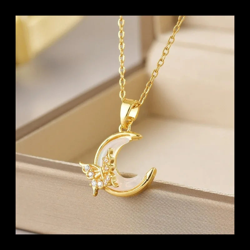 NONECN Zircon Moon Butterfly Necklace Collarbone Chain