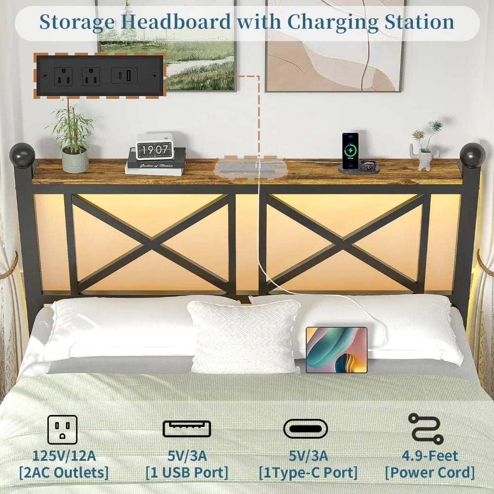 Sturdy Metal Bed Frame With LED Lighting And Charging Station