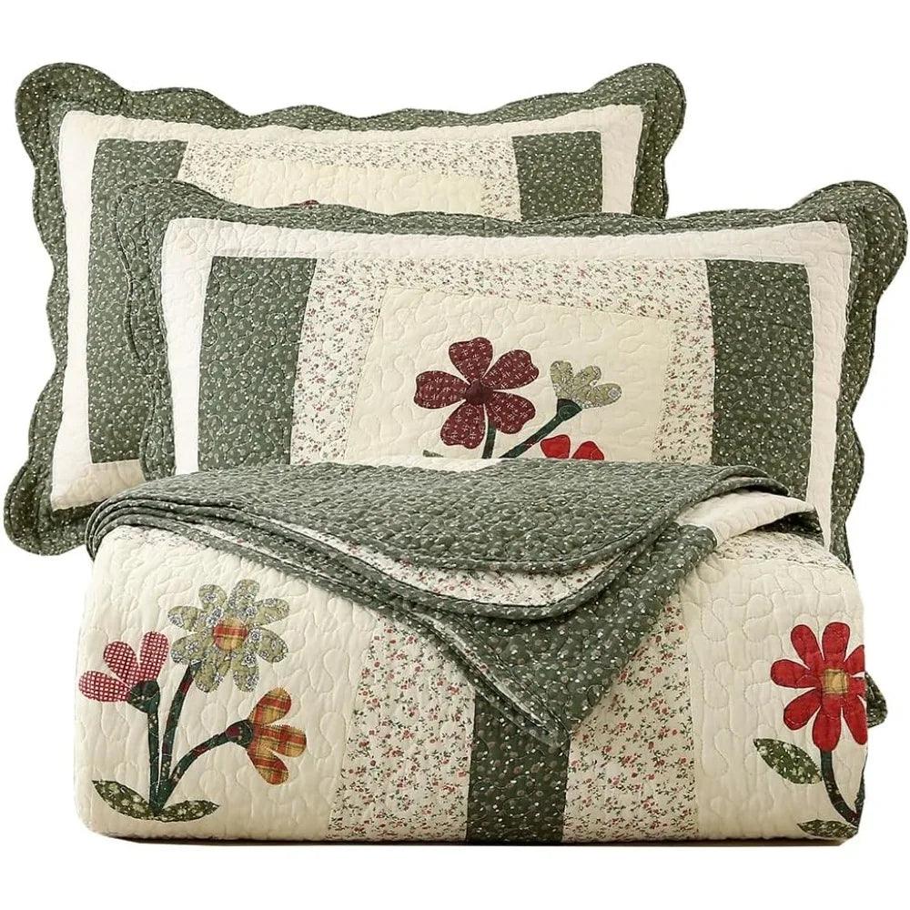 Farmhouse Green 3 Piece Embroidered Floral Quilted Bedspread Quilt Set 100% Cotton Reversible Patchwork Coverlet Set 1 Qu