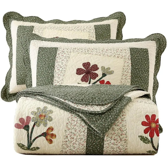 Embroidered Floral Quilted Bedspread Quilt Set 100 Percent Cotton