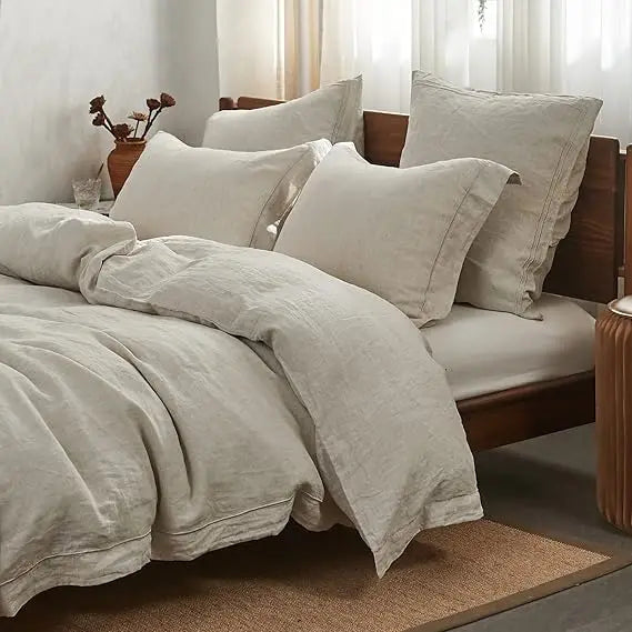 Linen Duvet Cover Set Embroidered Washed With Button Closure