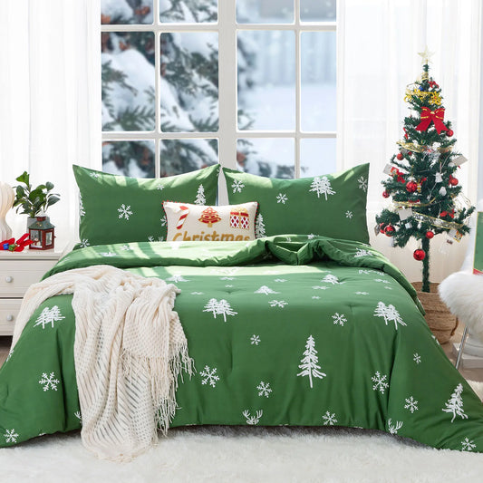Soft PolyCotton Bed Comforter Queen Size, Christmas Reindeer Elks Bedding Down Alternative Comforter Set with Pillow Sham