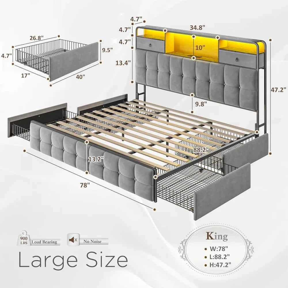 King Size Bed Frame with Upholstered Headboard and 6 Storage Drawers, Bed Frame with LED Lights and Charging Station