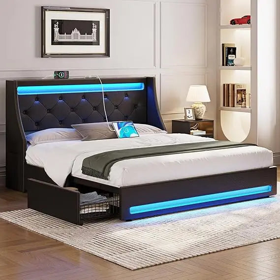 Luxury LED Bed Frame With Storage Drawers And Charging Station