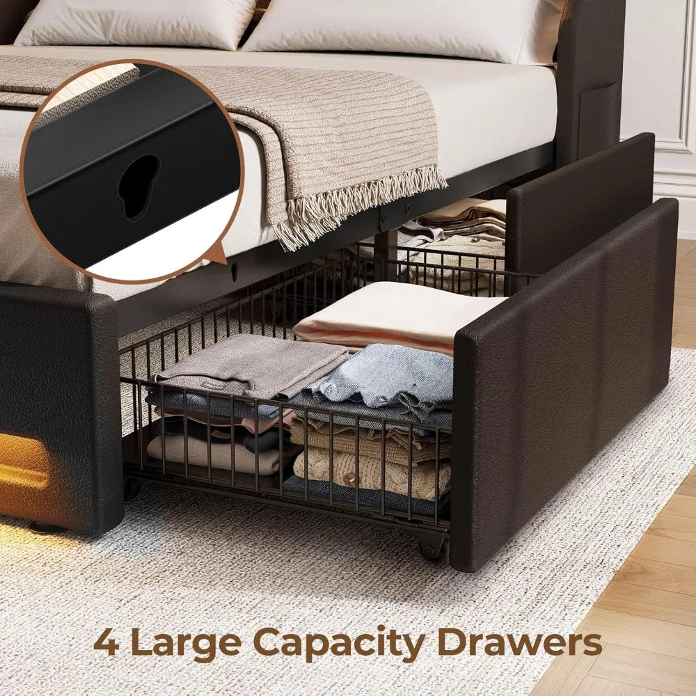 Luxury LED Bed Frame With Storage Drawers And Charging Station