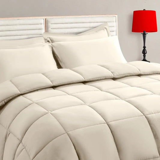 Light Beige Full Size Comforter Set - 7 Pieces Bed in a Bag Bedding with All Season Soft Quilted Warm Fluffy Reversible Comfort