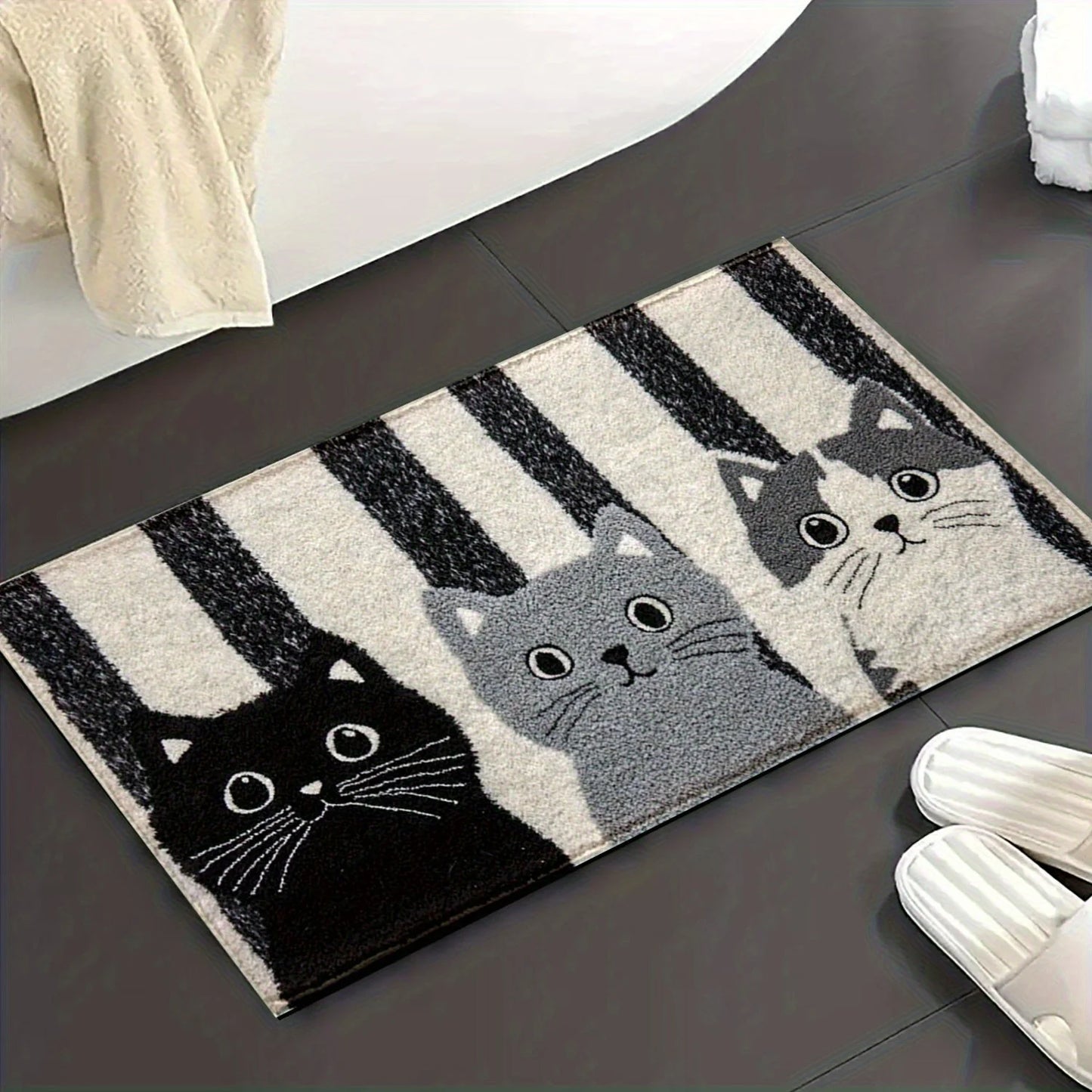 Striped Cartoon Cat Doormat Waterproof Floor Mat for Bedroom and Living Room