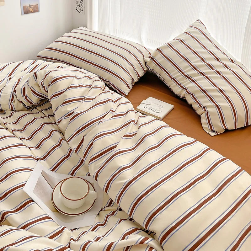Simple Striped Duvet Cover Four Piece Washed Cotton Sheet Set