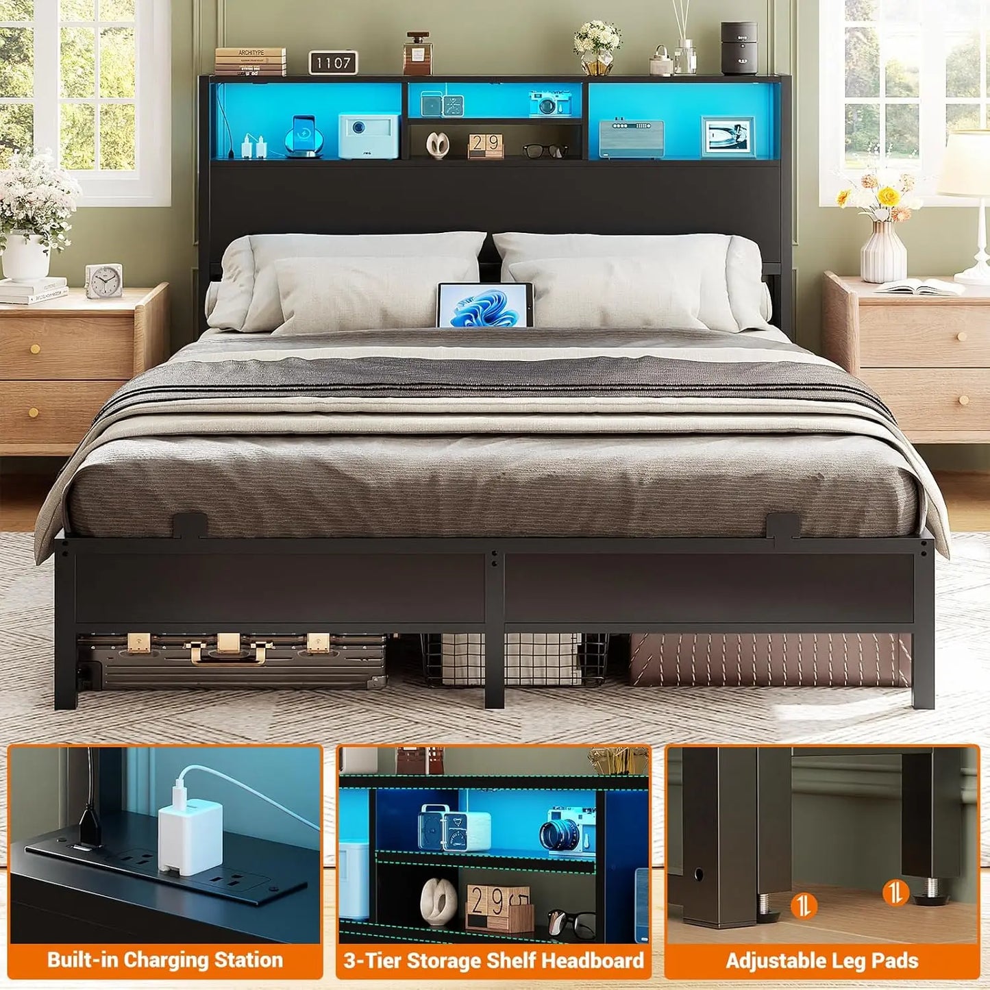 Bed Headboard With Storage Outlets USB LED Light Adjustable Height