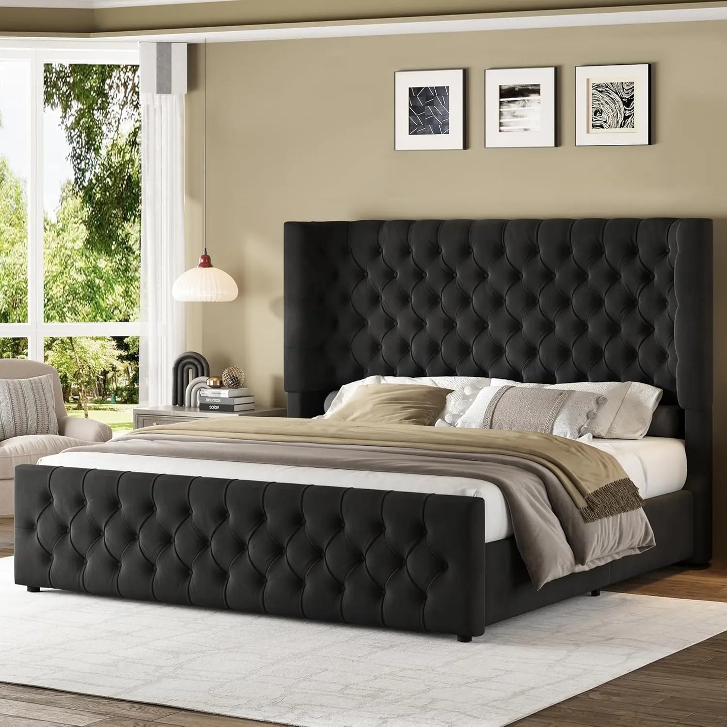 Platform Bed Frame With Upholstered Wingback Headboard Footboard Tufted