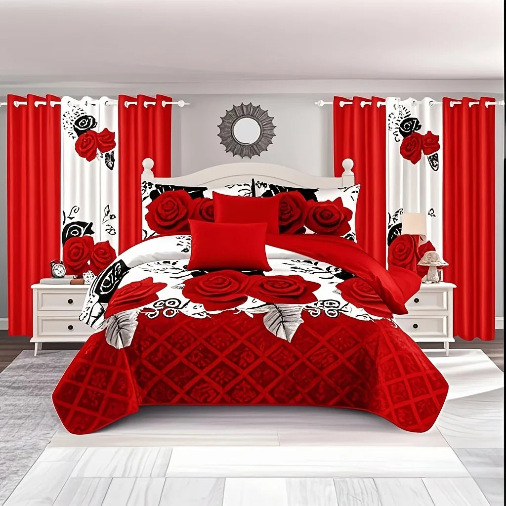 Romantic Luxury Bedding 9Pcs Set With Blackout Curtains