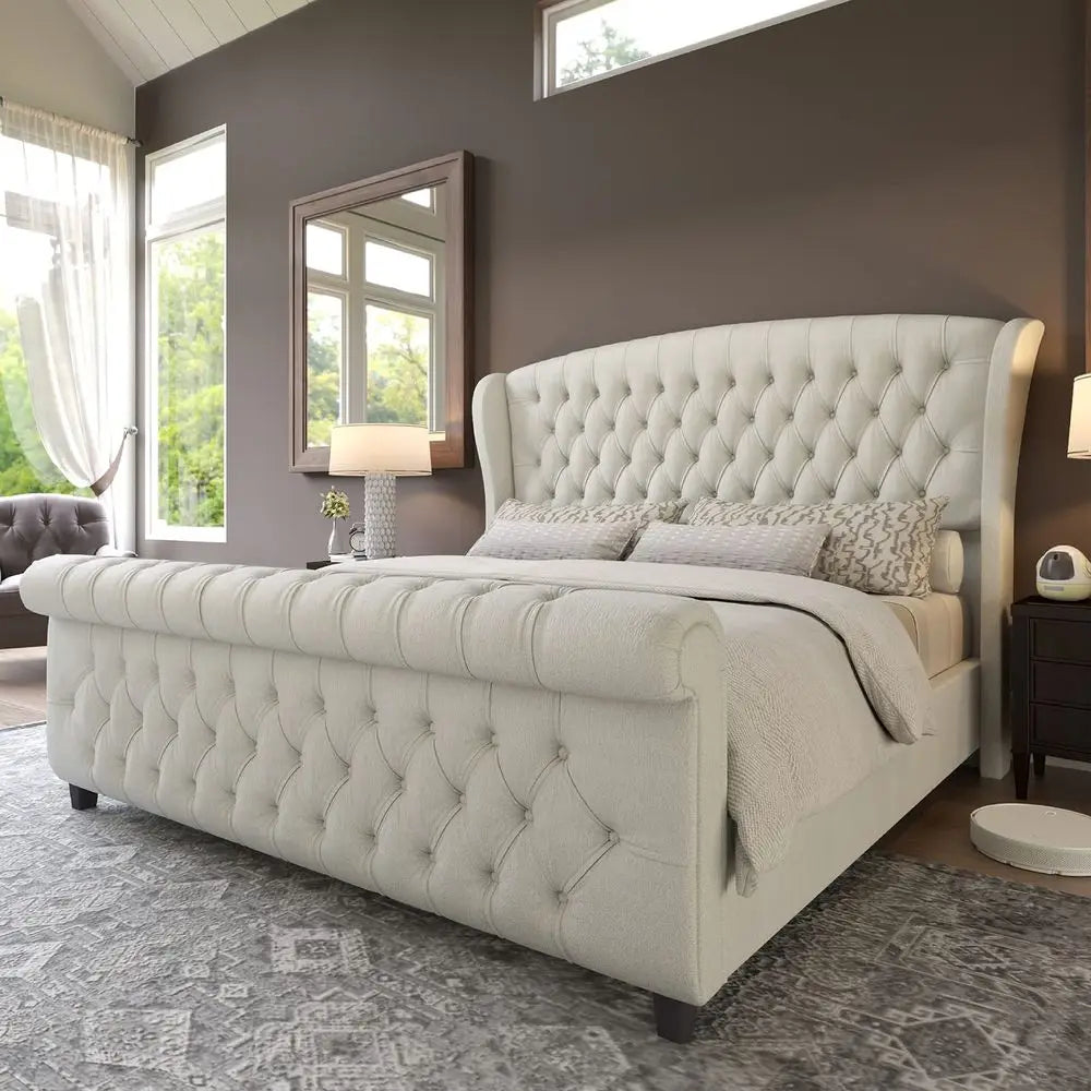 Chenille Upholstered Sleigh Bed With Scroll Wingback Headboard Footboard Tufted