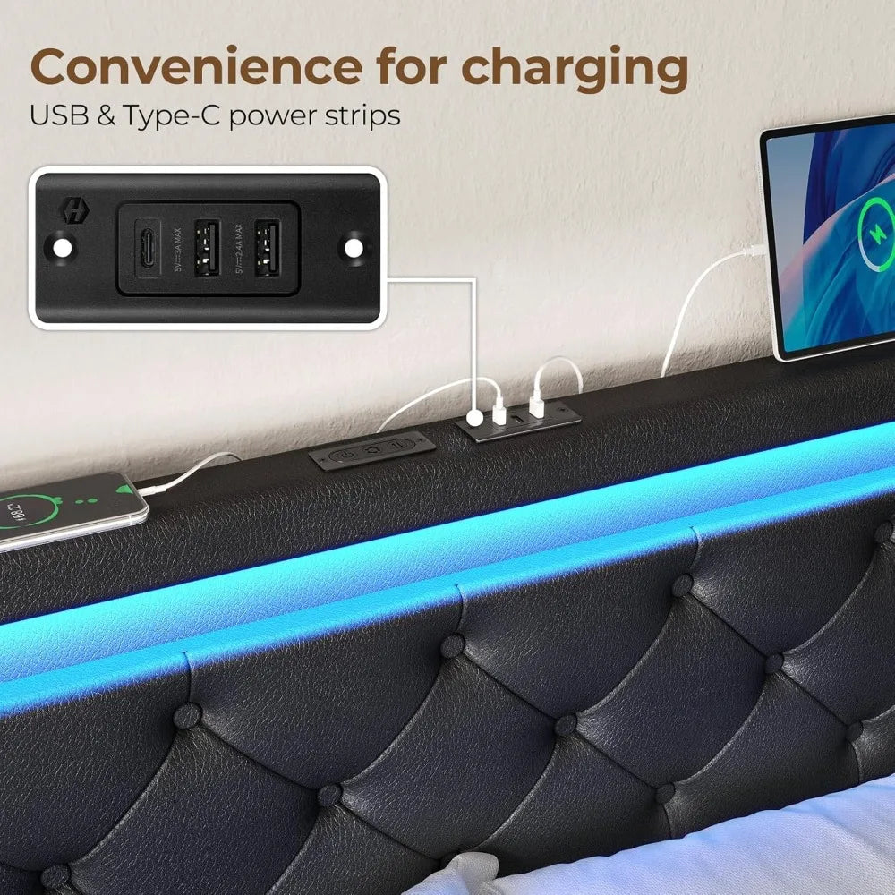 Luxury LED Bed Frame With Storage Drawers And Charging Station