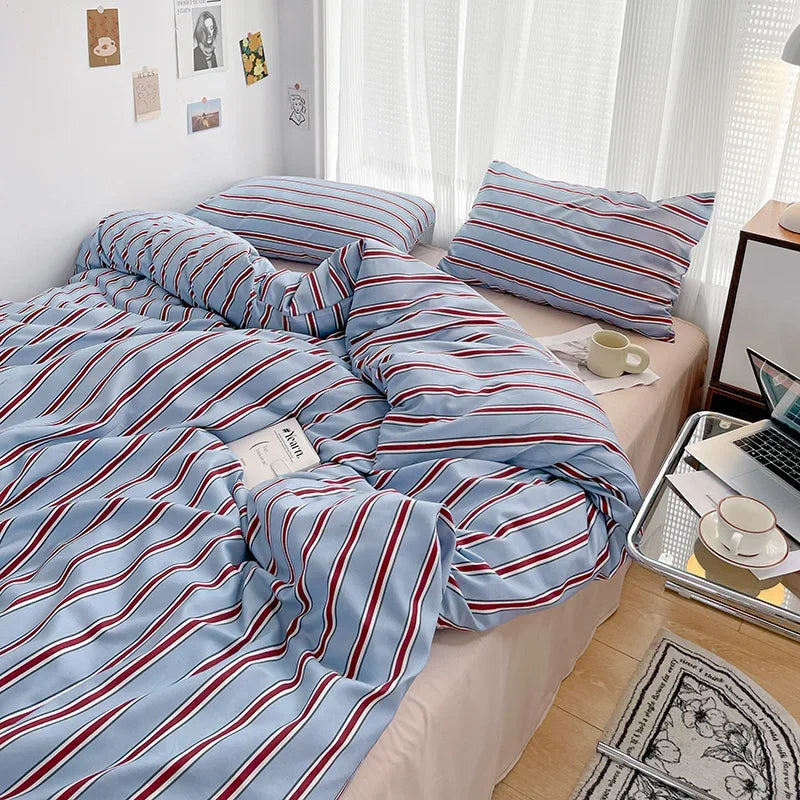 Simple Striped Duvet Cover Four Piece Washed Cotton Sheet Set