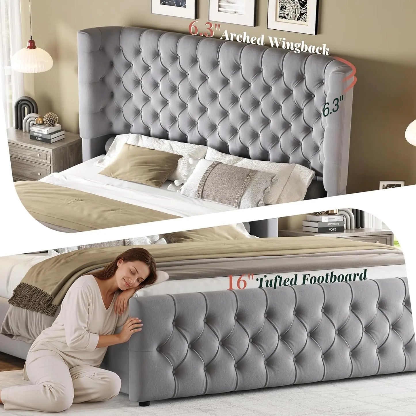 Platform Bed Frame With Upholstered Wingback Headboard Footboard Tufted