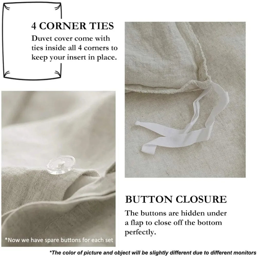 Linen Duvet Cover Set Embroidered Washed With Button Closure