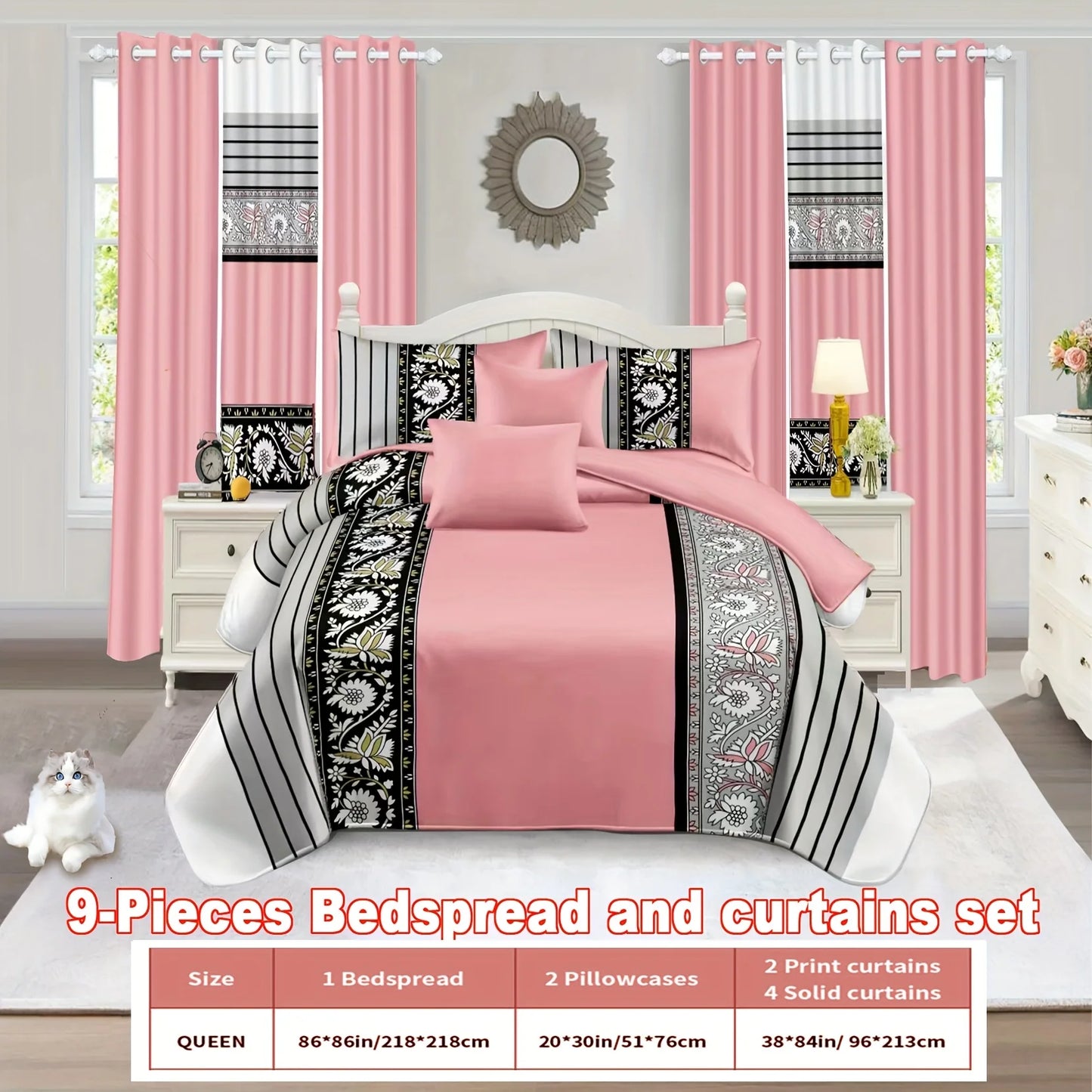 9 Piece Bedspread And Curtain Set With Patterned Bedspread And Pillowcases