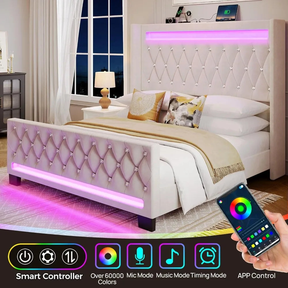 Luxury LED-Illuminated Queen Bed Frame with Upholstered Headboard and Footboard, Wood Slat Support, Silent Design