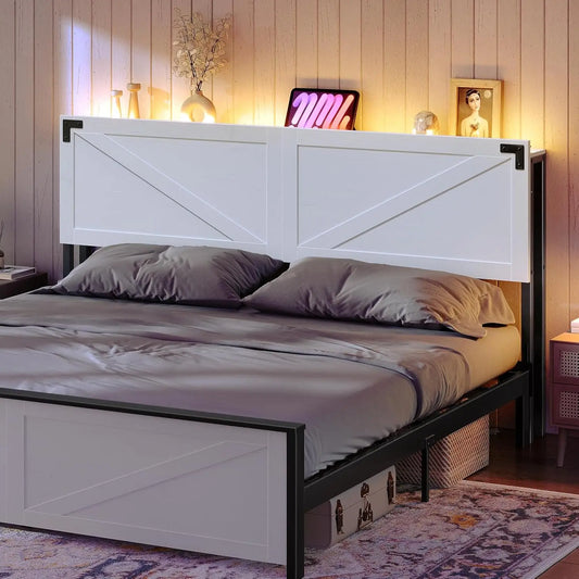 Headboard With USB Ports And LED Lights Storage Shelf