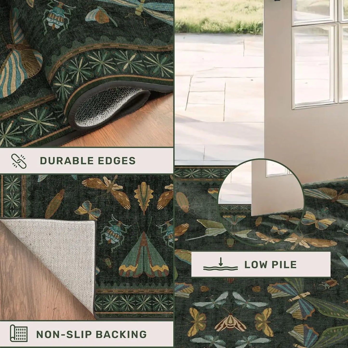 Wool Silk Striped Area Rug Non Slip Washable Living Room