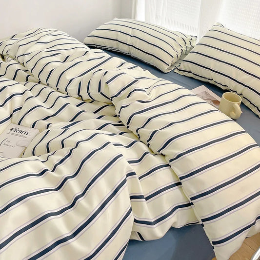 Simple Striped Duvet Cover Four Piece Washed Cotton Sheet Set
