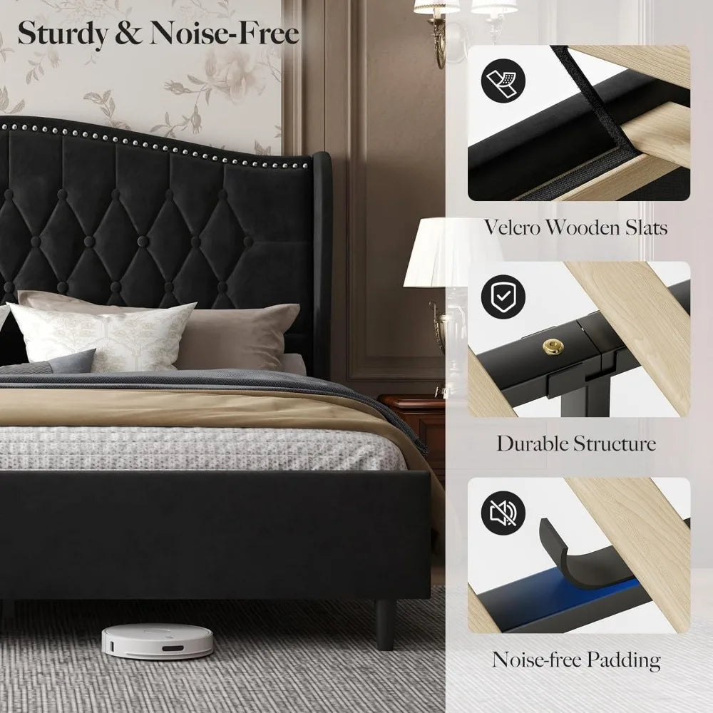 Bed Frame With Upholstered Velvet Headboard Wingback And Nailhead Trim