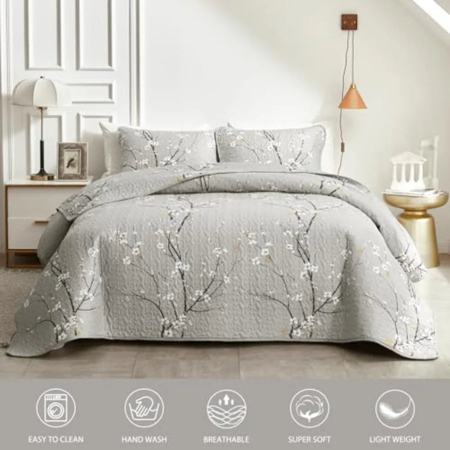 Three Piece Reversible Quilt Set 100 Percent Cotton Floral Branch Pattern