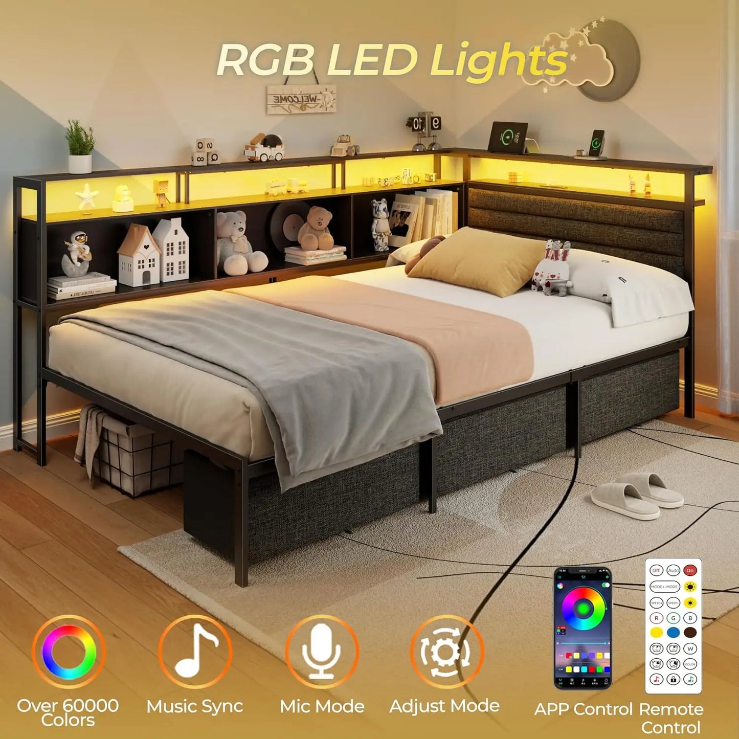 Corner Bed Frame With Storage Bookcase And LED Lights Headboard Charging Station