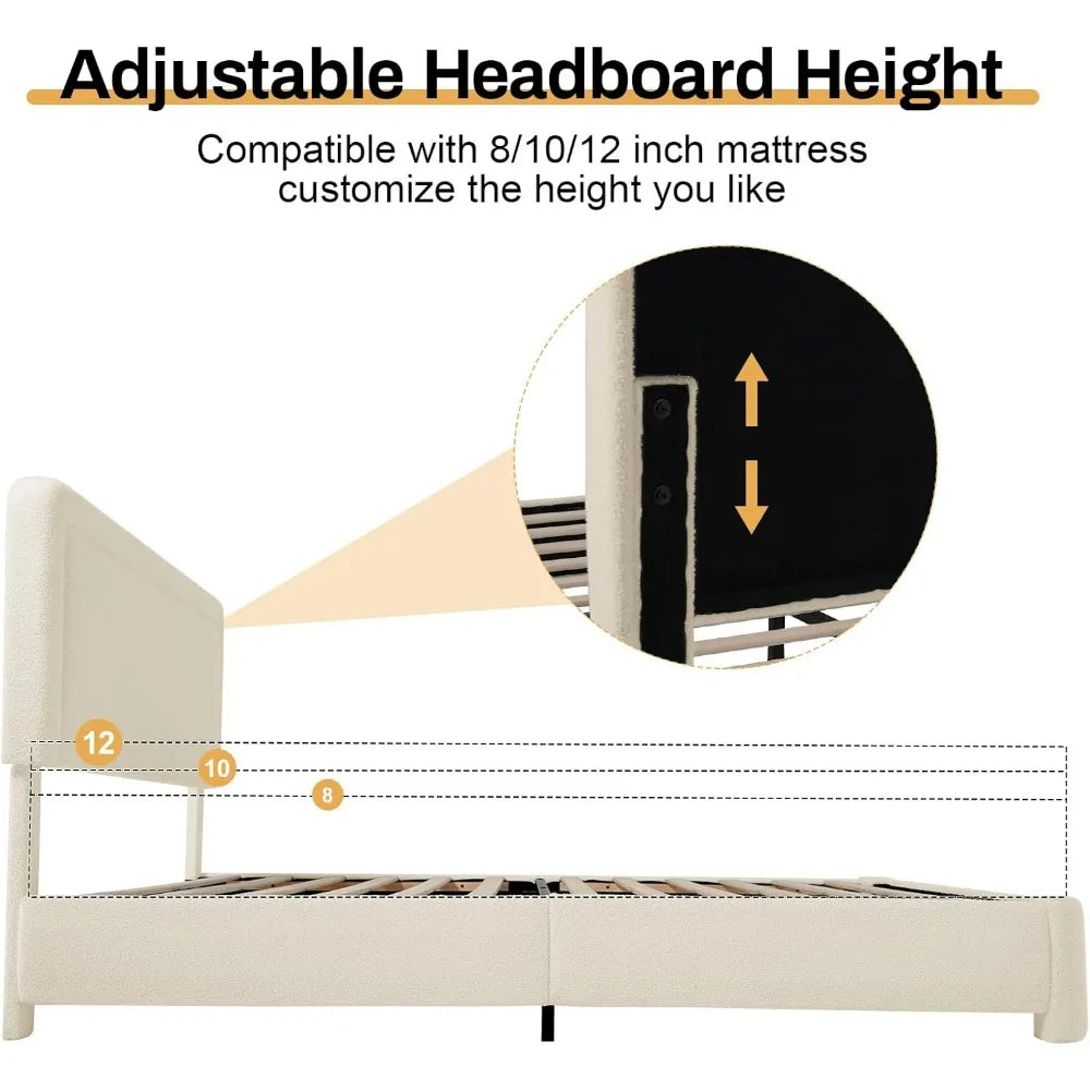 Adjustable Boucle Upholstered Bed Frame With Headboard