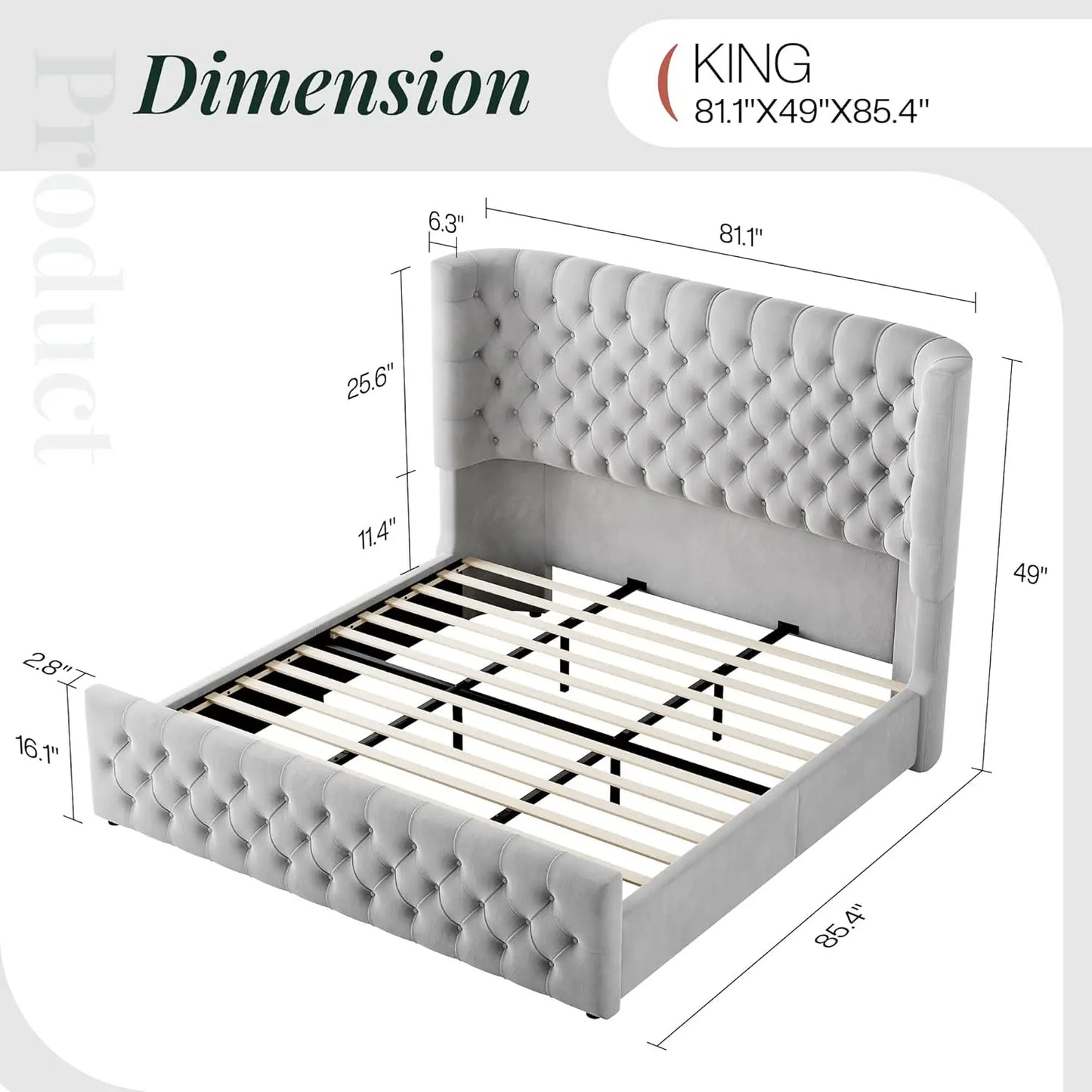 Platform Bed Frame With Upholstered Wingback Headboard Footboard Tufted