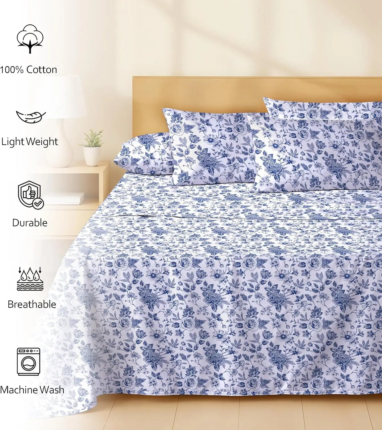 6-Piece Percale Sheets Set Polyester Cotton Deep Pocket Bedding