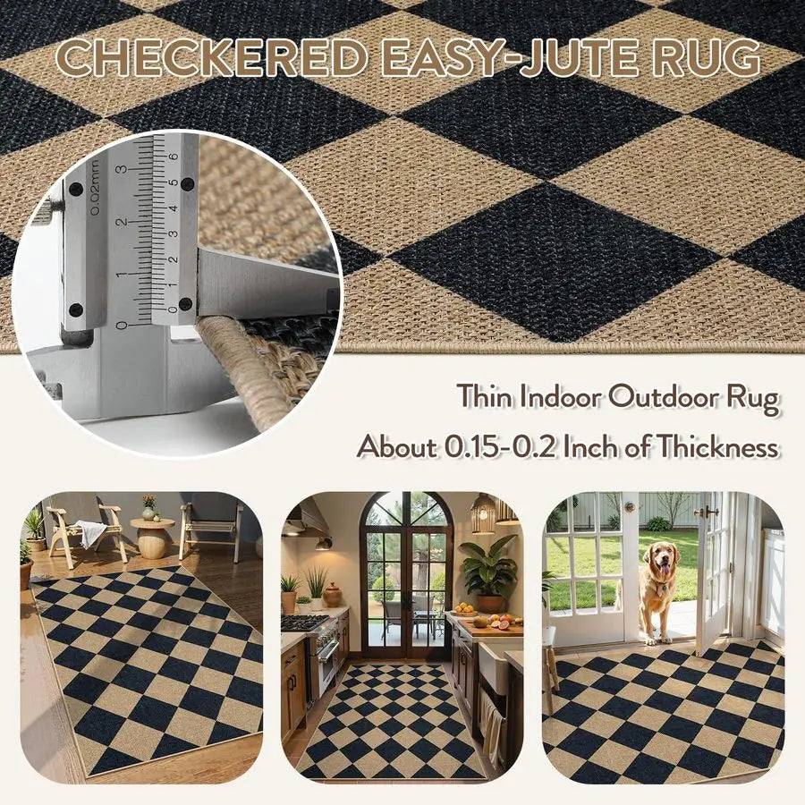 Checkered Jute Outdoor Rug For Patio And Entryway Washable