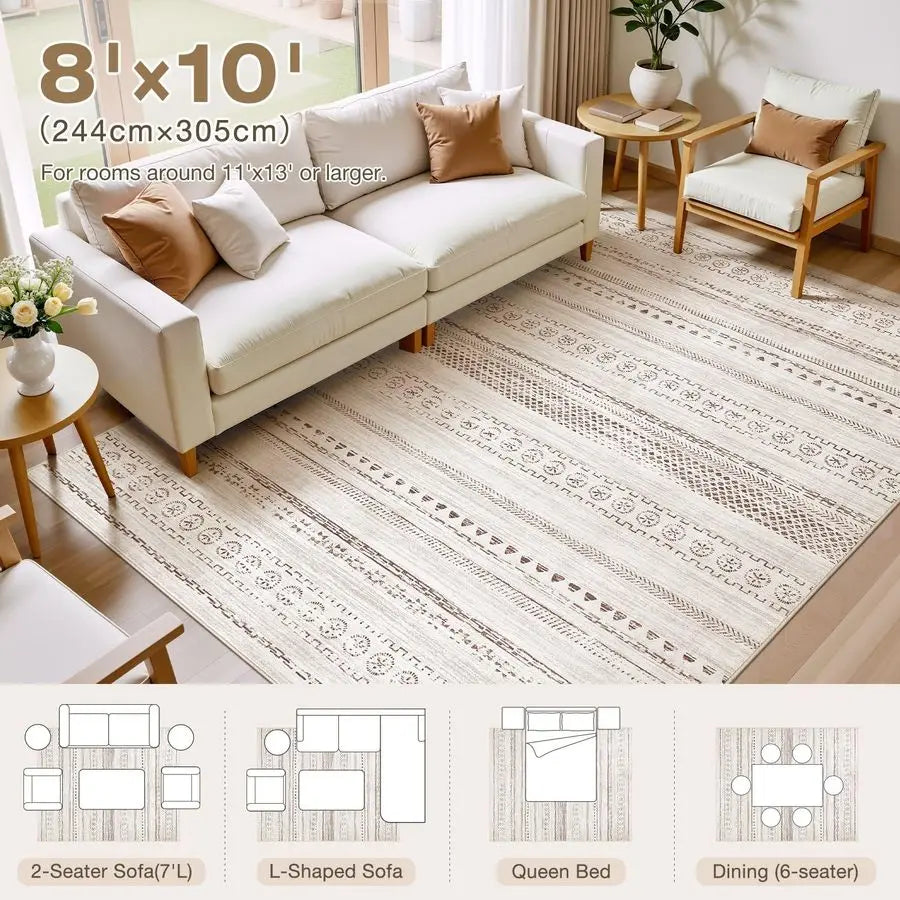 Boho Moroccan Farmhouse Washable Rug for Living Room Non Slip