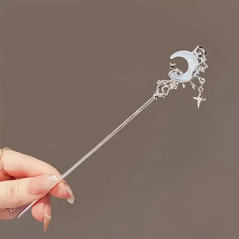 1/2pcs Romantic Moonstone Star and Moon Hair Sticks Chinese Style Cross Tassel Hairpin with Disk Design Elegant Hair Chopsticks