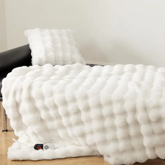 Faux Rabbit Fur Heated Electric Blanket Throw 6 Heat Levels