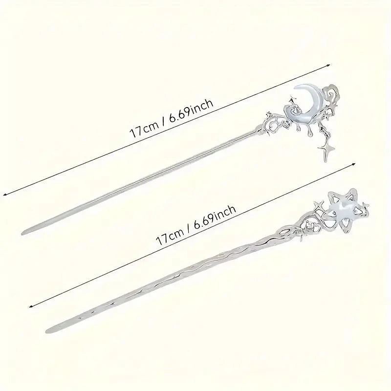 1/2pcs Romantic Moonstone Star and Moon Hair Sticks Chinese Style Cross Tassel Hairpin with Disk Design Elegant Hair Chopsticks