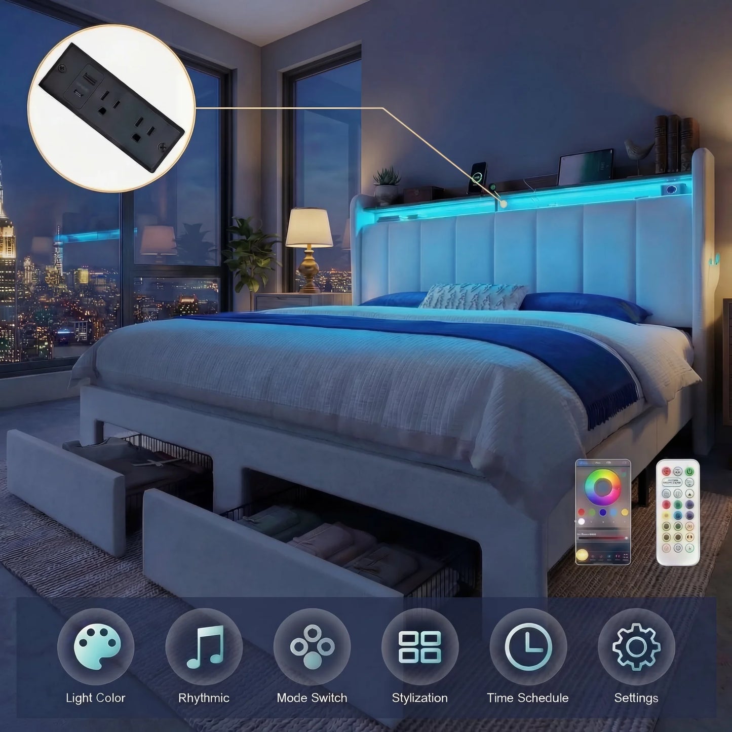 HOOMIC Bed Frame With Storage Drawers and LED Charging Station