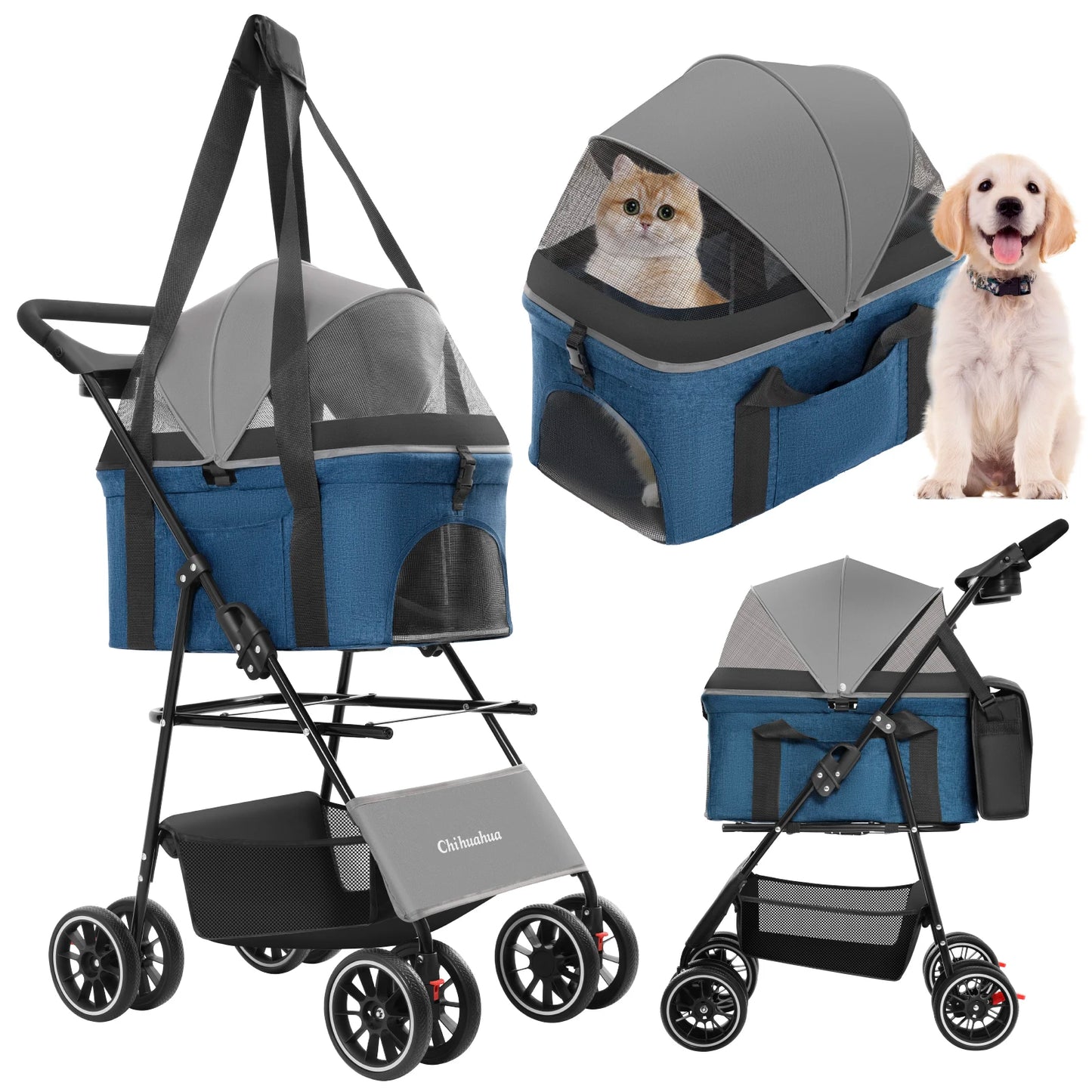 CHIHUAHUA 3 In 1 Pet Stroller For Dogs And Cats Lightweight Foldable Detachable