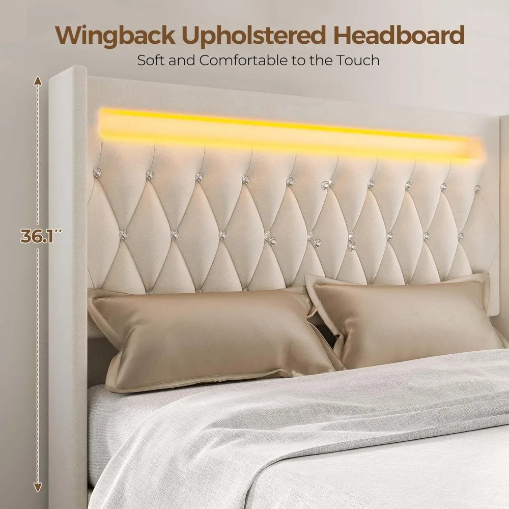 Luxury LED-Illuminated Queen Bed Frame with Upholstered Headboard and Footboard, Wood Slat Support, Silent Design