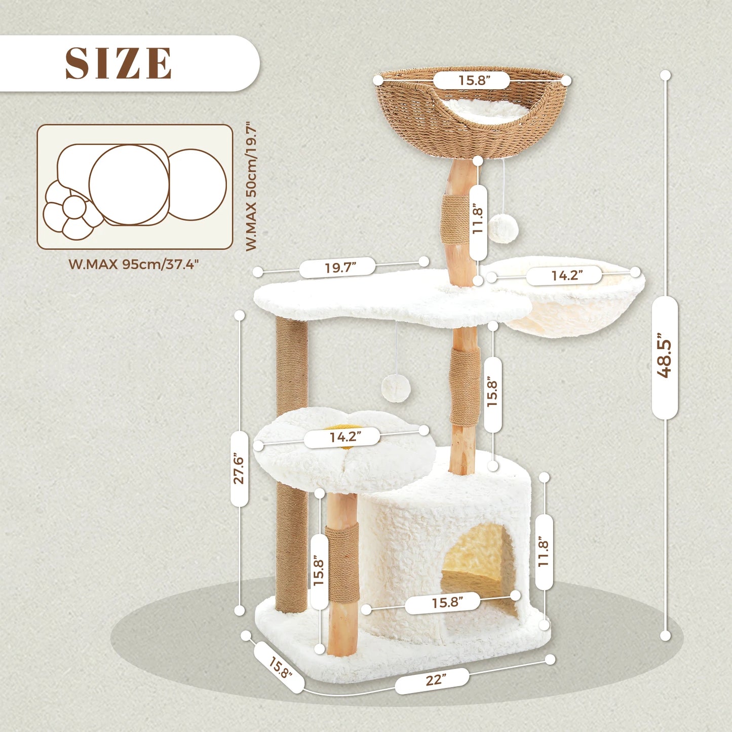PEQULTICN Solid Wood Cat Tree Five Tier Modern Cat Tower